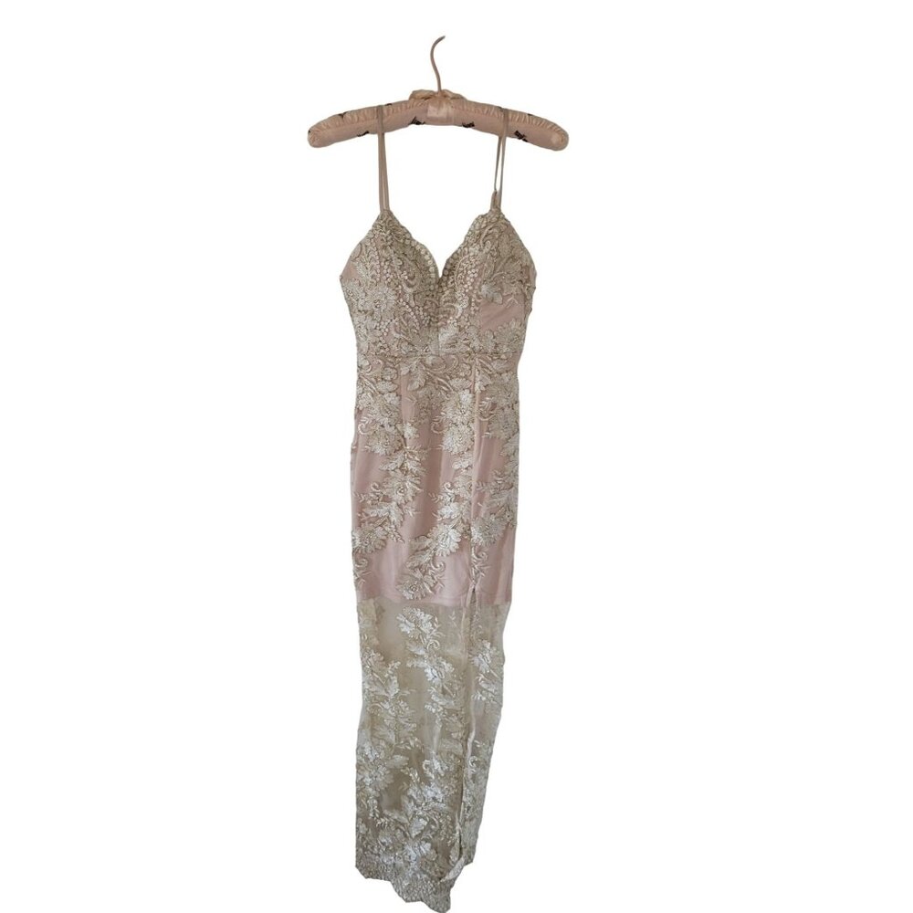 Glam Formal Elegant Floral Embroidered Evening Gown Slit Gold Nude Sheer